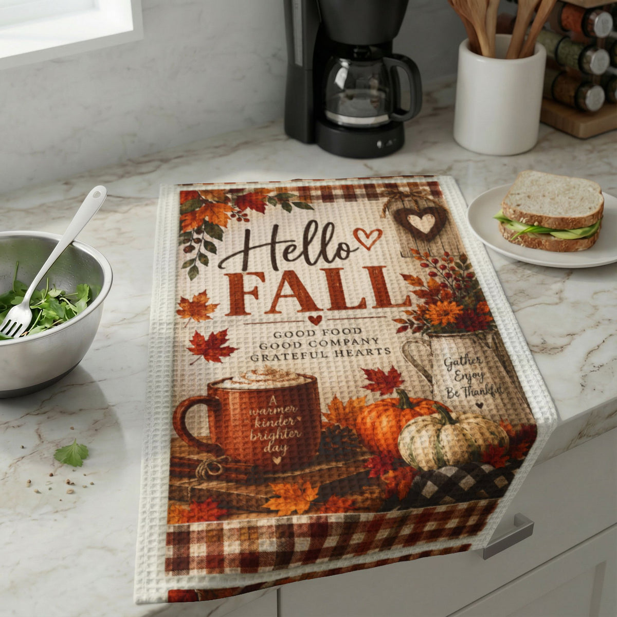 Hello Fall Kitchen Towel – Cozy Autumn Waffle Weave Hand Tow