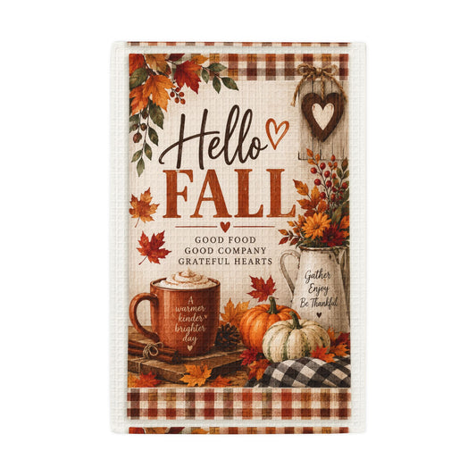 Hello Fall Kitchen Towel – Cozy Autumn Waffle Weave Hand Tow
